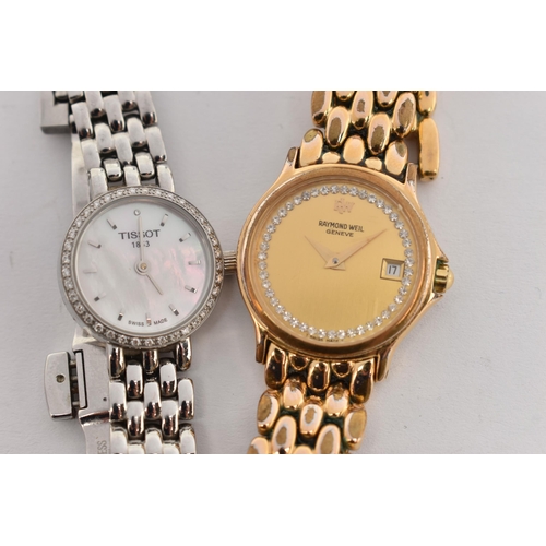 111 - TWO LADIES WRISTWATCHES, the first a quartz 'Raymon Weil' watch, round gold tone dial signed 'Raymon... 