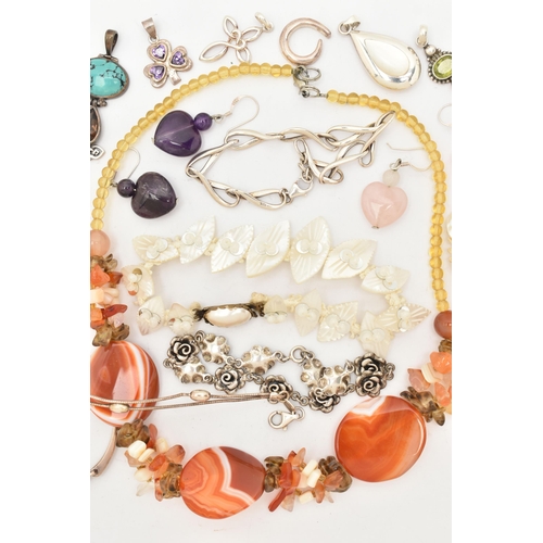 114 - SEVEN BRACELETS, ASSORTED PENDANTS AND SEMI-PRECIOUS GEMSTONE JEWELLERY, silver and white metal bang... 