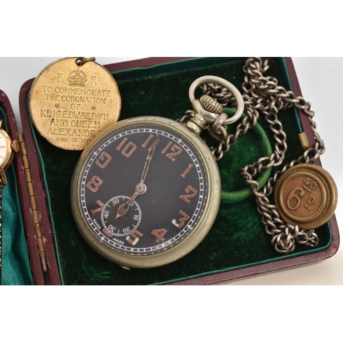 117 - A MILITARY ISSUE POCKET WATCH, A LADIES 9CT GOLD WRISTWATCH AND OTHER ITEMS, manual wind pocket watc... 