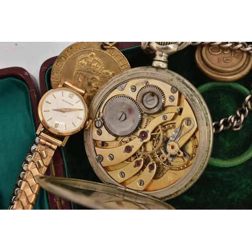 117 - A MILITARY ISSUE POCKET WATCH, A LADIES 9CT GOLD WRISTWATCH AND OTHER ITEMS, manual wind pocket watc... 