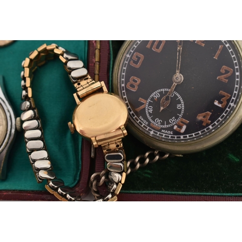 117 - A MILITARY ISSUE POCKET WATCH, A LADIES 9CT GOLD WRISTWATCH AND OTHER ITEMS, manual wind pocket watc... 