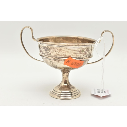 124 - A GEORGE V SILVER TROPHY,  a small silver cup with two handles, hallmarked ' Charles S Green & Co Lt... 