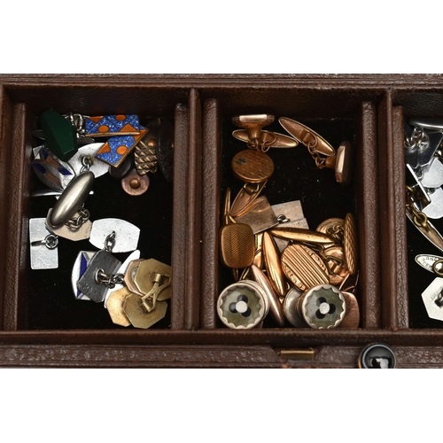 130 - AN ASSORTMENT OF BUTTONS AND CUFFLINKS, to include a brown jewellery box containing many pairs of cu... 