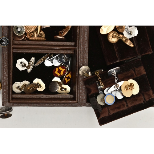 130 - AN ASSORTMENT OF BUTTONS AND CUFFLINKS, to include a brown jewellery box containing many pairs of cu... 