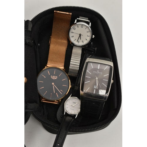 131 - A SMALL ASSORTMENT OF WRISTWATCHES, to include a gents 'Skagen Denmark', quartz movement, rectangula... 