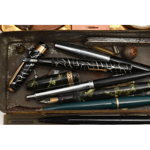 132 - A TIN OF PENS AND ITEMS, to include various fountain pens names to include 'Platignum, Kingswood, Co... 