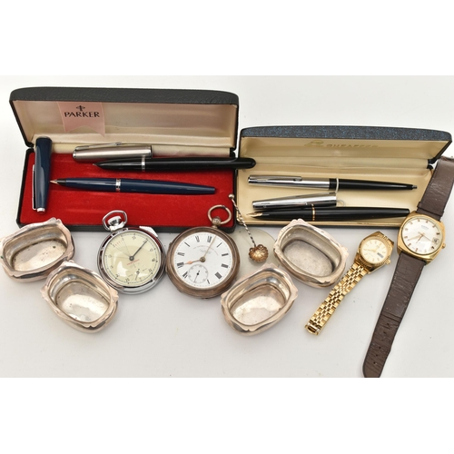 134 - FOUR SILVER SALTS, A SALT SPOON, SILVER POCKET WATCH AND OTHER ITEMS, to include four polished oval ... 