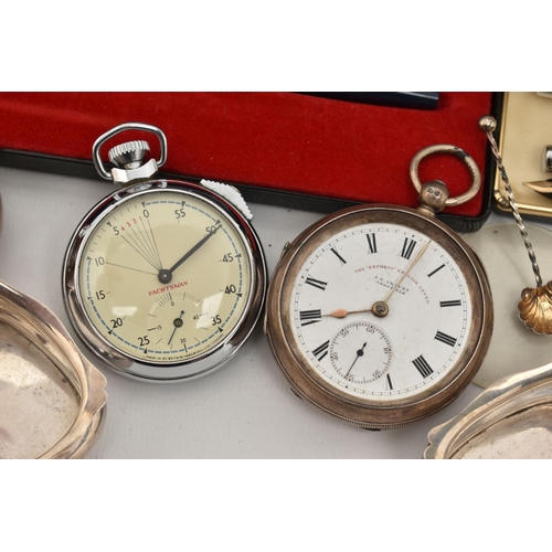 134 - FOUR SILVER SALTS, A SALT SPOON, SILVER POCKET WATCH AND OTHER ITEMS, to include four polished oval ... 