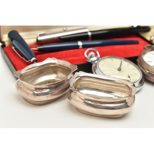 134 - FOUR SILVER SALTS, A SALT SPOON, SILVER POCKET WATCH AND OTHER ITEMS, to include four polished oval ... 