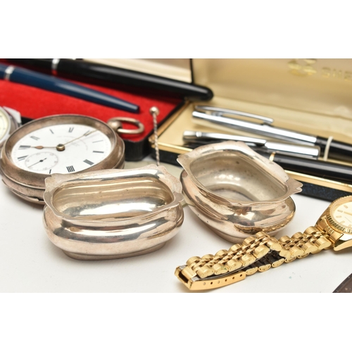 134 - FOUR SILVER SALTS, A SALT SPOON, SILVER POCKET WATCH AND OTHER ITEMS, to include four polished oval ... 