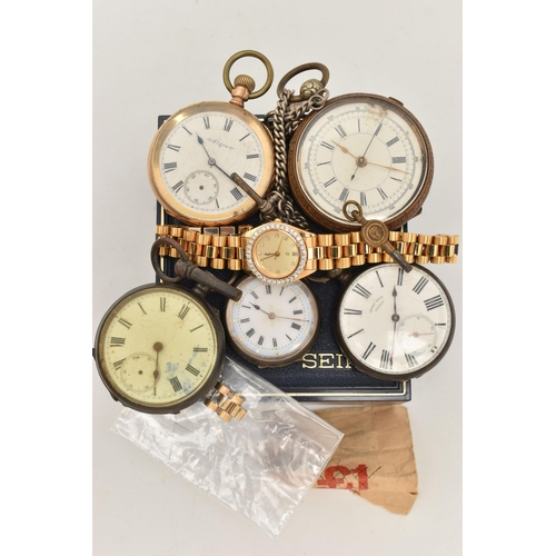 135 - A BOX OF ASSORTED WATCHES, to include three white metal open face pocket watches, two stamped 0.935,... 