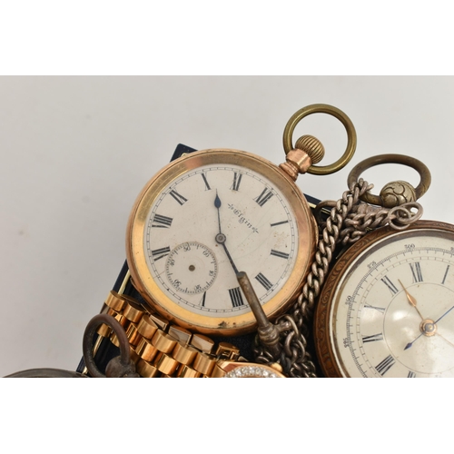 135 - A BOX OF ASSORTED WATCHES, to include three white metal open face pocket watches, two stamped 0.935,... 