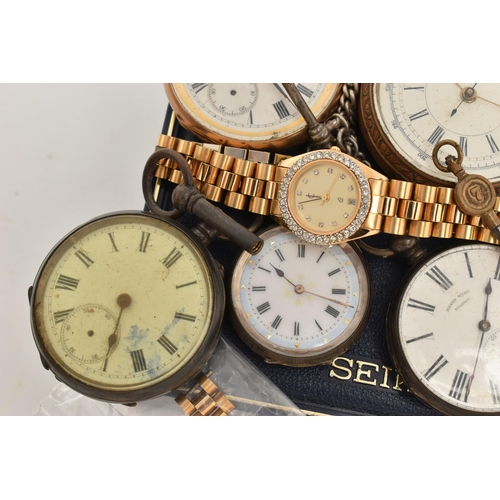 135 - A BOX OF ASSORTED WATCHES, to include three white metal open face pocket watches, two stamped 0.935,... 