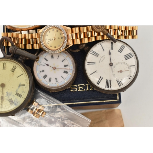 135 - A BOX OF ASSORTED WATCHES, to include three white metal open face pocket watches, two stamped 0.935,... 