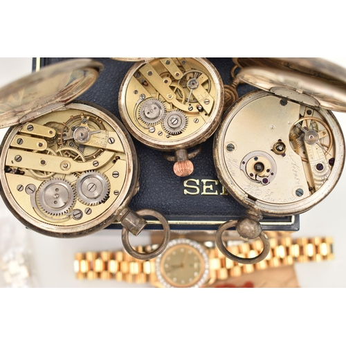 135 - A BOX OF ASSORTED WATCHES, to include three white metal open face pocket watches, two stamped 0.935,... 