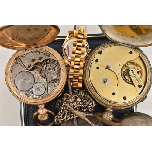 135 - A BOX OF ASSORTED WATCHES, to include three white metal open face pocket watches, two stamped 0.935,... 