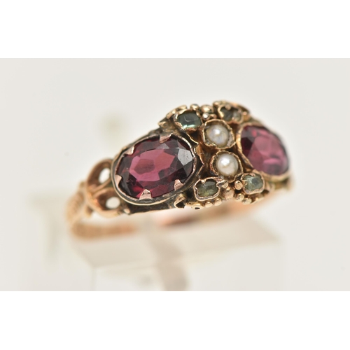 80 - A VICTORIAN GARNET, EMERALD AND SPLIT PEARL RING, set with two oval cut garnets, four very small eme... 