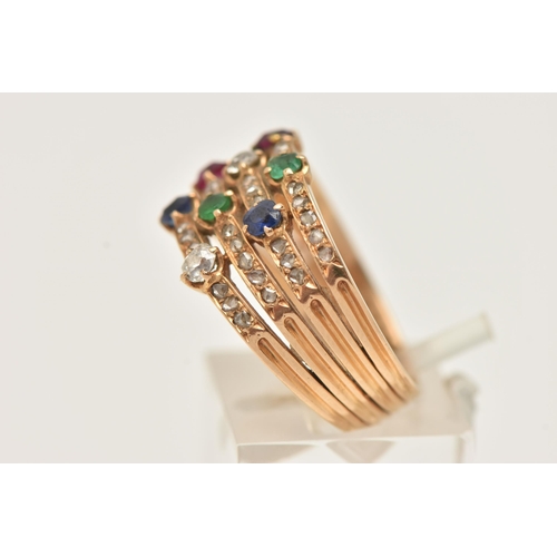 81 - A YELLOW METAL GEM SET RING, designed as four rows each set with a row of small rose cut diamonds, a... 