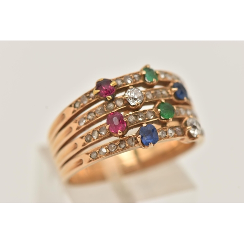 81 - A YELLOW METAL GEM SET RING, designed as four rows each set with a row of small rose cut diamonds, a... 