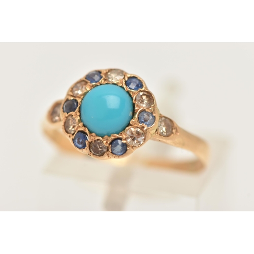 82 - AN EARLY 20TH CENTURY 18CT GOLD GEM SET CLUSTER RING, of a circular form, set with a central blue st... 