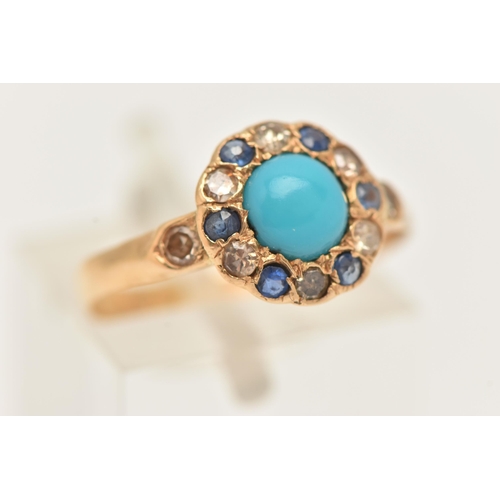 82 - AN EARLY 20TH CENTURY 18CT GOLD GEM SET CLUSTER RING, of a circular form, set with a central blue st... 