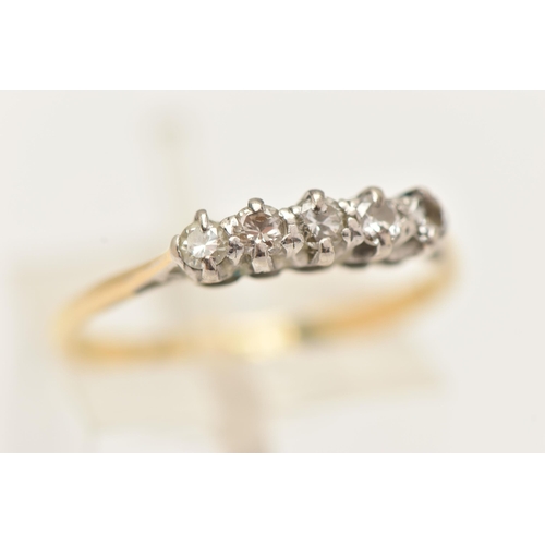 89 - A YELLOW METAL DIAMOND FIVE STONE RING, set with a row of five round brilliant cut diamonds, estimat... 