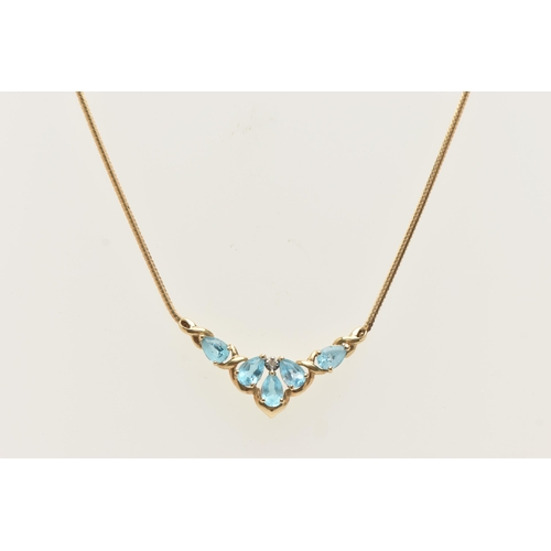 91 - A 9CT GOLD TOPAZ AND DIAMOND NECKLACE, the V shape pendant set with five pear cut blue topaz and a s... 