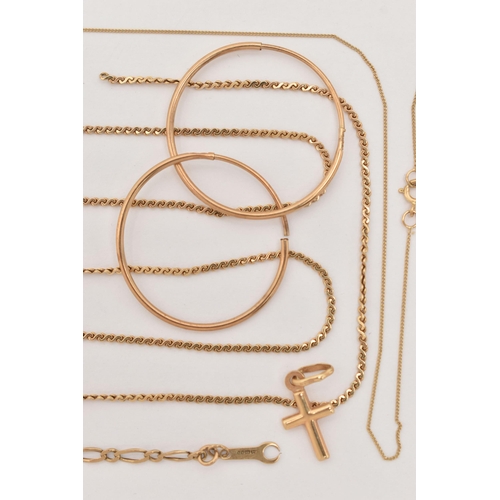 93 - A SMALL ASSORTMENT OF 9CT AND YELLOW METAL JEWELLERY, to include a figaro chain bracelet, fitted wit... 