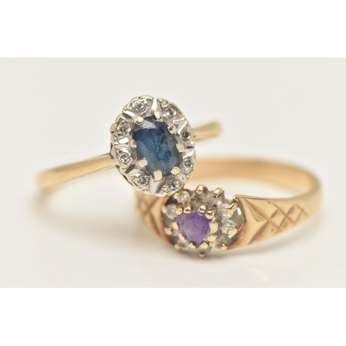 95 - TWO GEM SET RINGS, the first a 9ct gold oval sapphire and diamond cluster ring, to a polished band, ... 