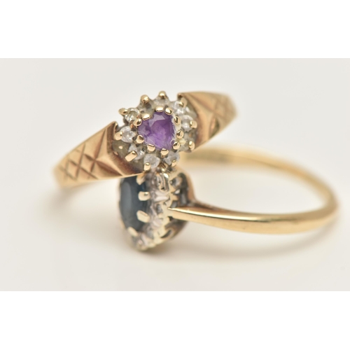 95 - TWO GEM SET RINGS, the first a 9ct gold oval sapphire and diamond cluster ring, to a polished band, ... 