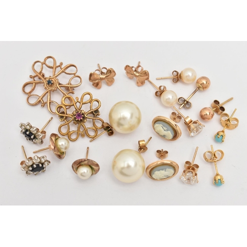 97 - TWO BROOCHES AND AN ASSORTMENT OF YELLOW METAL EARRINGS, to include a 9ct gold open work brooch set ... 