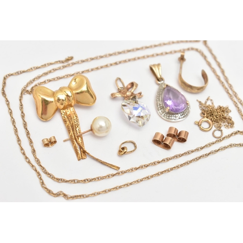 98 - AN ASSORTMENT OF JEWELLERY, to include a 9ct gold bow brooch with tassels, fitted with a brooch pin,... 