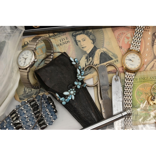 138 - A BOX OF ASSORTED ITEMS, to include a large gold plated silver ID bracelet, fitted with a curb chain... 