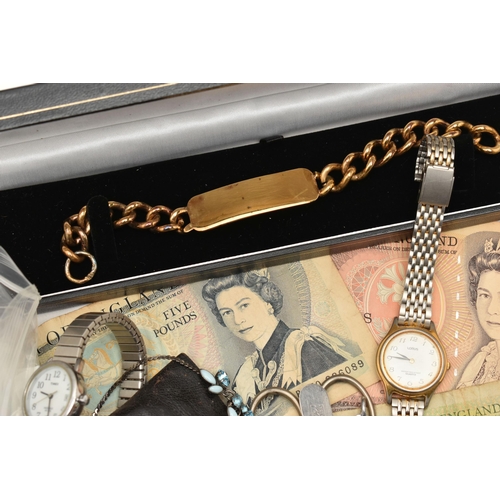 138 - A BOX OF ASSORTED ITEMS, to include a large gold plated silver ID bracelet, fitted with a curb chain... 