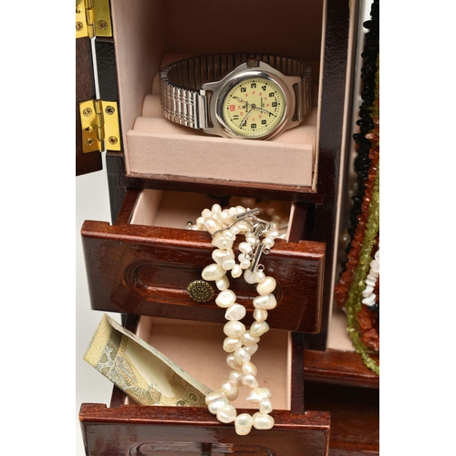 139 - A JEWELLEY BOX AND ASSORTED ITEMS, a wooden multi storage jewellery box with imitation pearl necklac... 