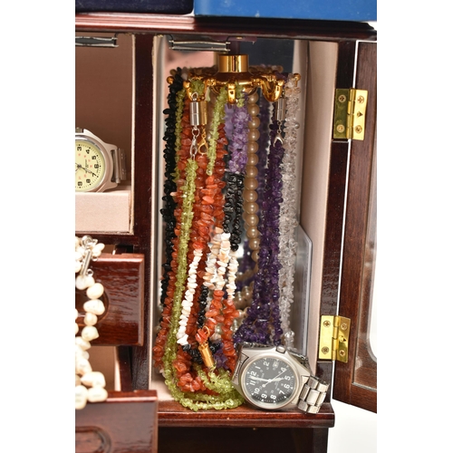 139 - A JEWELLEY BOX AND ASSORTED ITEMS, a wooden multi storage jewellery box with imitation pearl necklac... 