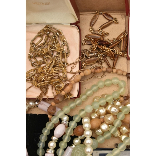 141 - A BOX OF ASSORTED COSTUME JEWELLERY, to include a selection of beaded necklaces, chain necklaces, a ... 