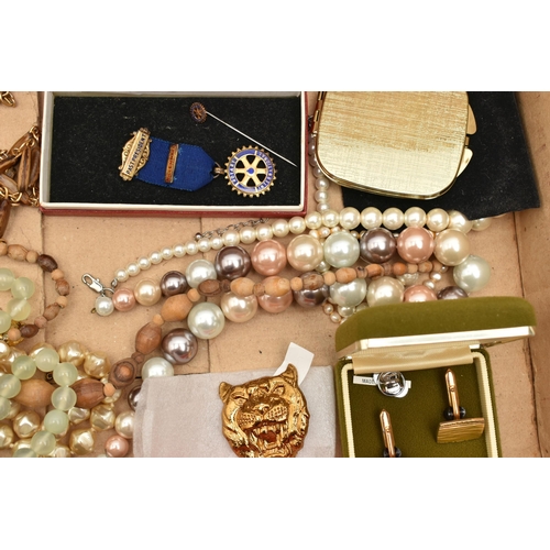 141 - A BOX OF ASSORTED COSTUME JEWELLERY, to include a selection of beaded necklaces, chain necklaces, a ... 