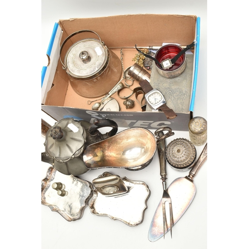 143 - A BOX OF MAINLY PLATED WARE, to include a teapot, gravy jug, small trays, thimbles, sugar tongs etc