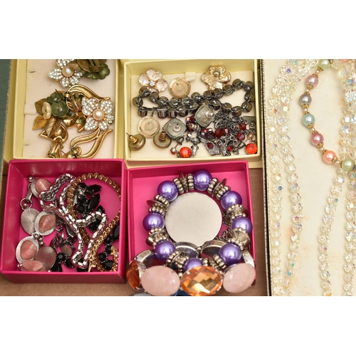 144 - A BOX OF MAINLY COSTUME JEWELLERY, to include clip earrings by Attwood and Sawyer and D'Orlan, a pai... 