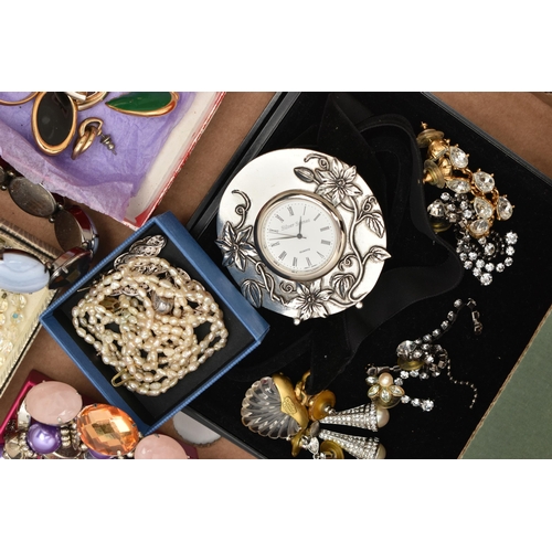 144 - A BOX OF MAINLY COSTUME JEWELLERY, to include clip earrings by Attwood and Sawyer and D'Orlan, a pai... 