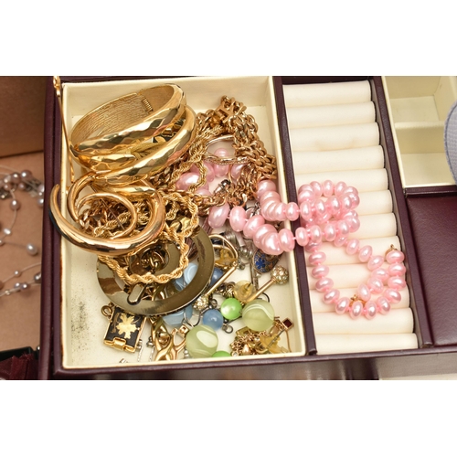 145 - A BOX OF ASSORTED COSTUME JEWELLERY AND ITEMS, to include an amethyst bracelet, a nephrite duck broo... 