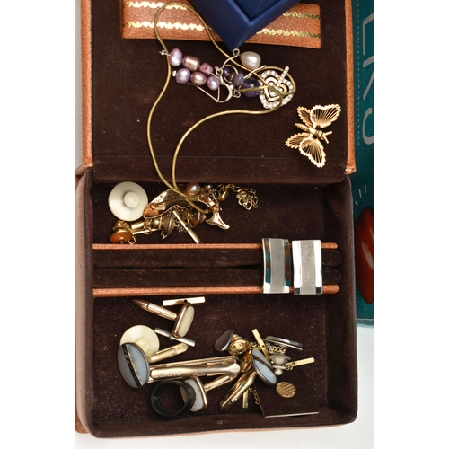 145 - A BOX OF ASSORTED COSTUME JEWELLERY AND ITEMS, to include an amethyst bracelet, a nephrite duck broo... 