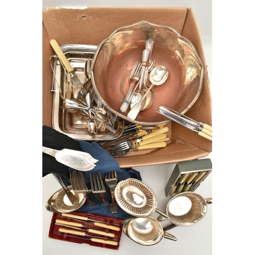 146 - A BOX OF ASSORTED WHITE METAL WARE, to include a silver plate punch bowl, an EPNS basket tray, EPNS ... 