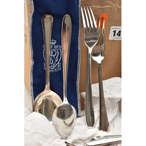 147 - A BOX OF ASSORTED WHITE METAL WARE, to include a boxed pair of 'Harrods' silver sugar tongs with Cel... 