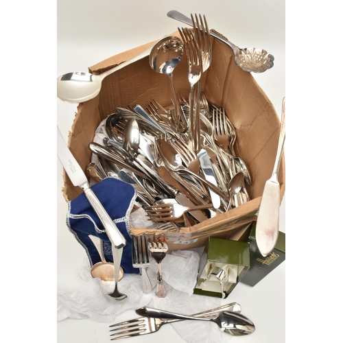 147 - A BOX OF ASSORTED WHITE METAL WARE, to include a boxed pair of 'Harrods' silver sugar tongs with Cel... 