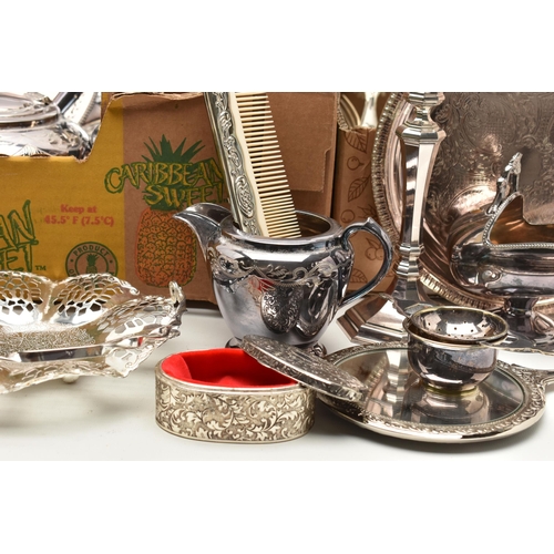 148 - A BOX OF ASSORTED WHITE METAL, to include a three piece tea set, a three branch candelabra, a pair o... 