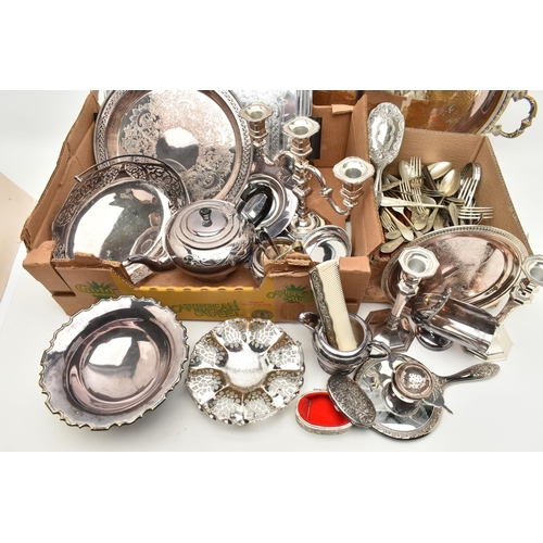 148 - A BOX OF ASSORTED WHITE METAL, to include a three piece tea set, a three branch candelabra, a pair o... 