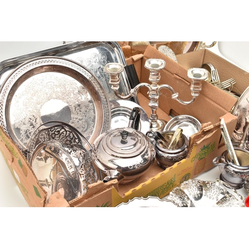 148 - A BOX OF ASSORTED WHITE METAL, to include a three piece tea set, a three branch candelabra, a pair o... 