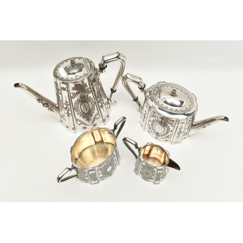 149 - A WHITE METAL FOUR PIECE TEA SET, comprising of a teapot, coffee pot, sugar bowl and milk jug, each ... 